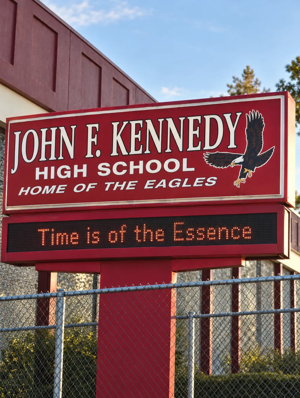 John F. Kennedy High School sign: Home of the Eagles